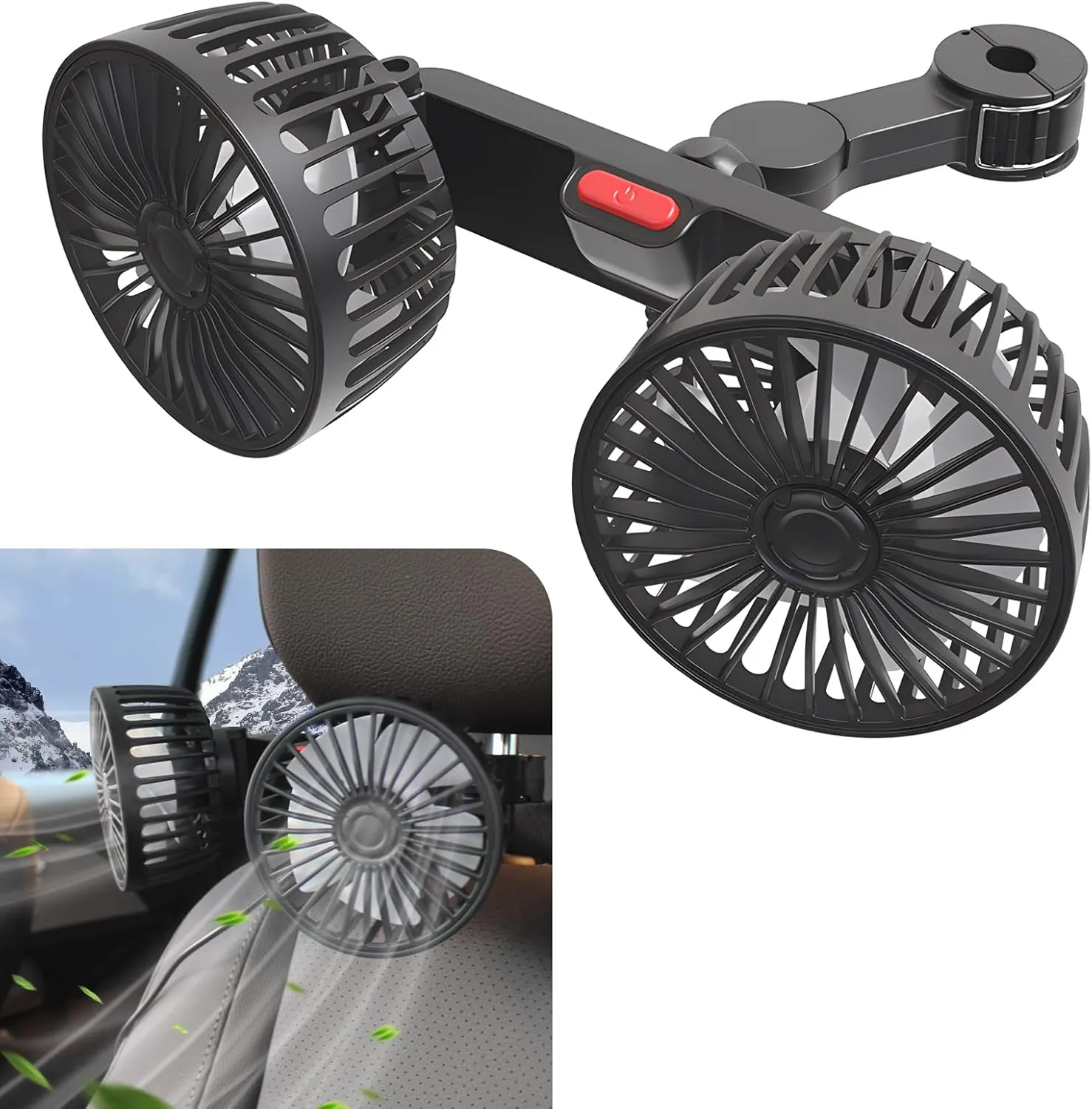1 PC Car Rear Seat Headrest Fan, 9.84" x 4.13" Portable 360-degree Rotating Five-blade Three-speed Adjustable Silent USB Double-head Fan, Auxiliary Cooling Accessory, for Most Models (Black) Rear-mounted fan for childrens safety