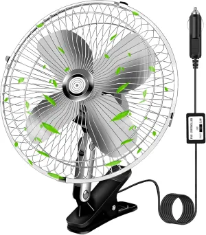 10-Inch Silver Cigarette Lighter Fan, Two-Speed Adjustment, 360-Degree Rotation, Clip-On Design 12 Volt Fan, Perfect for Cars, Trucks, RVs and More (Cord Length 6.56FT) 360-degree rotating fan for home use