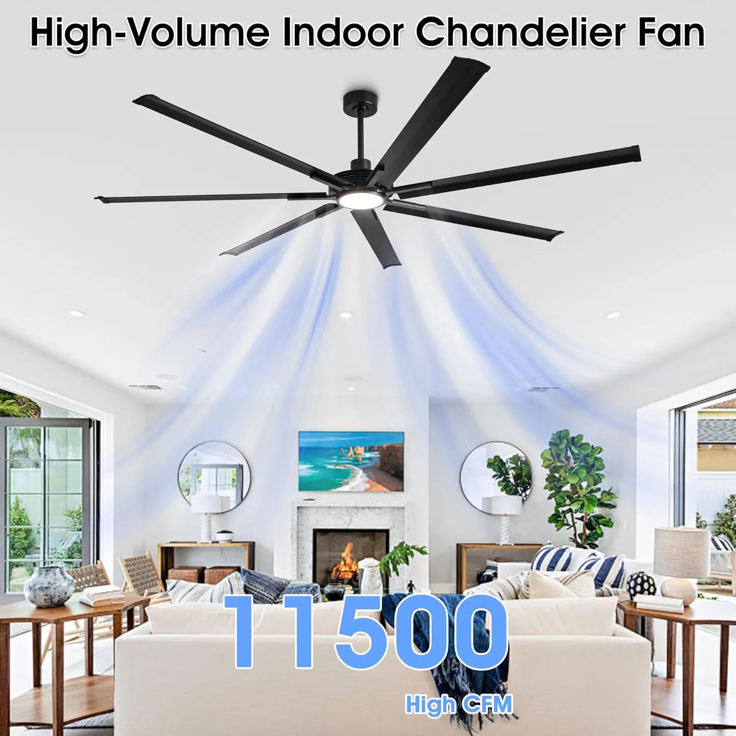 100 Inch Large Ceiling Fans with Light and Remote, Indoor/Outdoor Industrial Ceiling Fan with Reversible DC Motor, 7 Blades, Modern Ceiling Fan for Patios Garage Porch Shop Warehouse