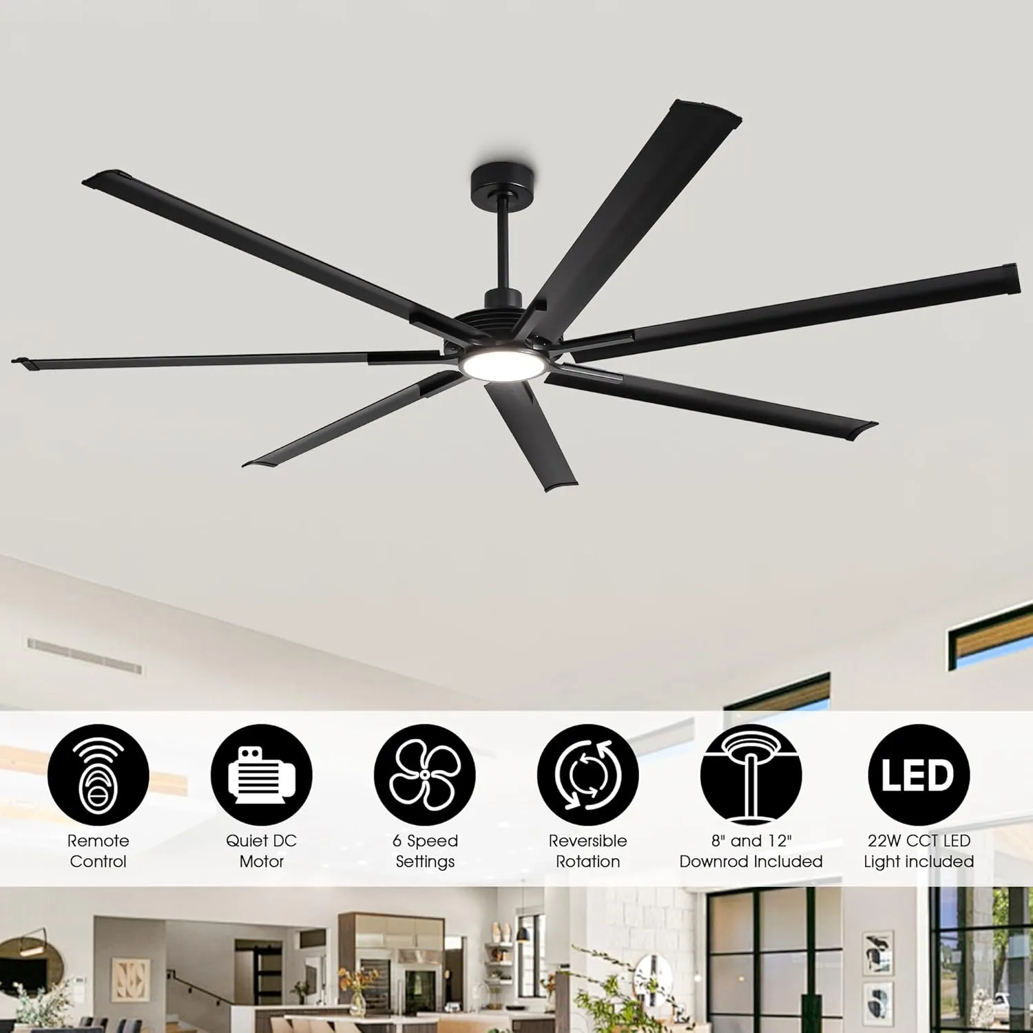 100 Inch Large Ceiling Fans with Light and Remote, Indoor/Outdoor Industrial Ceiling Fan with Reversible DC Motor, 7 Blades, Modern Ceiling Fan for Patios Garage Porch Shop Warehouse