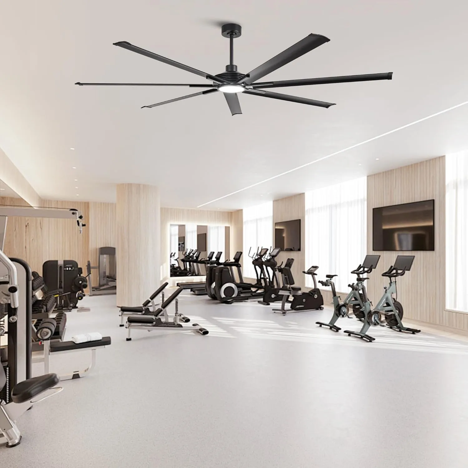 100 Inch Large Ceiling Fans with Light and Remote, Indoor/Outdoor Industrial Ceiling Fan with Reversible DC Motor, 7 Blades, Modern Ceiling Fan for Patios Garage Porch Shop Warehouse