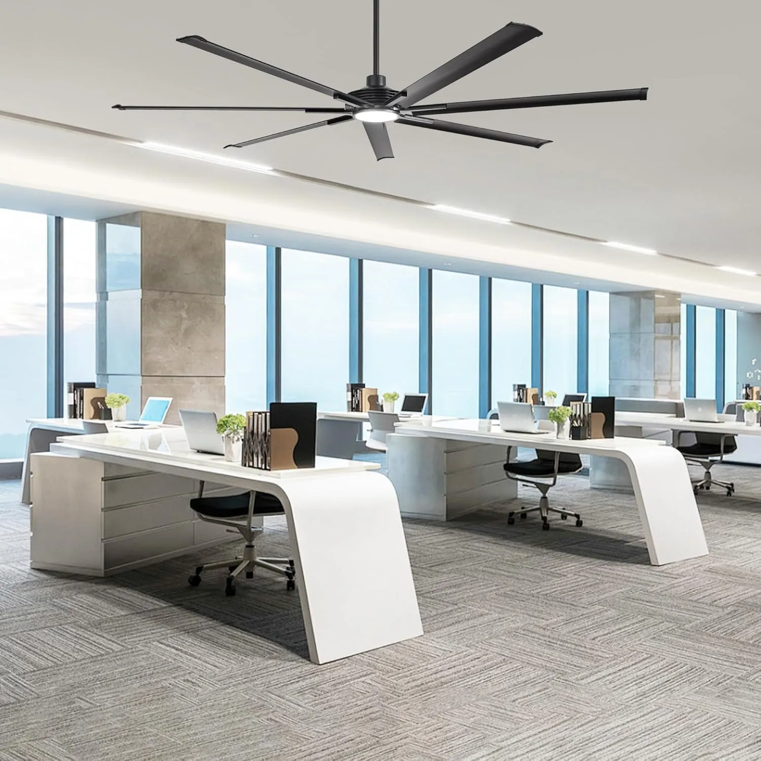 100 Inch Large Ceiling Fans with Light and Remote, Indoor/Outdoor Industrial Ceiling Fan with Reversible DC Motor, 7 Blades, Modern Ceiling Fan for Patios Garage Porch Shop Warehouse