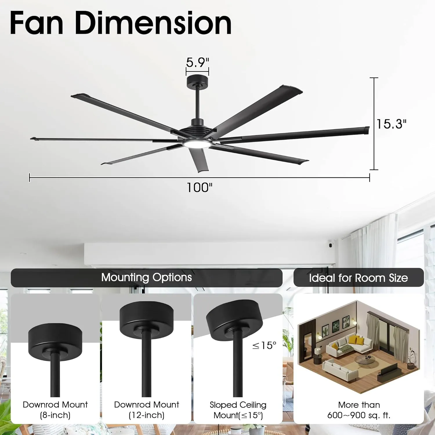 100 Inch Large Ceiling Fans with Light and Remote, Indoor/Outdoor Industrial Ceiling Fan with Reversible DC Motor, 7 Blades, Modern Ceiling Fan for Patios Garage Porch Shop Warehouse