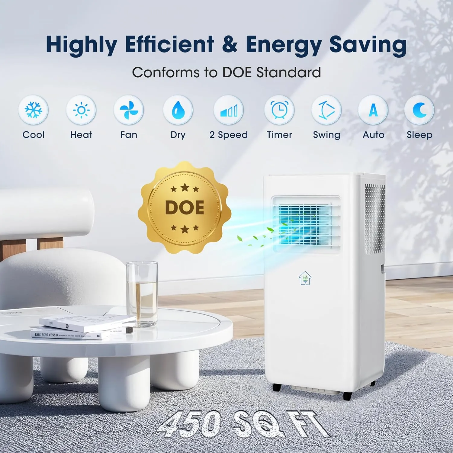 10000BTU Portable Air Conditioners, Smart AC Unit with App & Remote Control, 4-in-1 Cooling, Heating, Dehumidifier, Fan for Rooms up to 450 sq.ft, 24H Timer, White