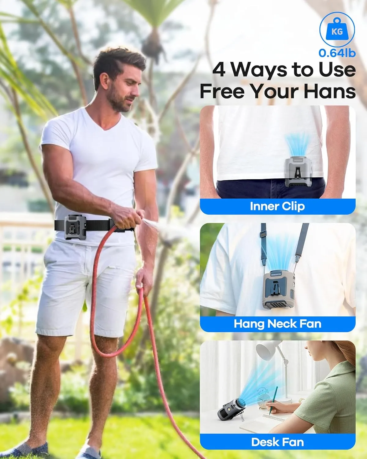 10000mAh Portable Waist Clip on Fan, Neck Desk Hand-Free Wearable Belt Personal Cooling Fan Rechargeable with 5 Speeds Flashlight Last for 40H for Outdoor Camping Office Travel (Grey)
