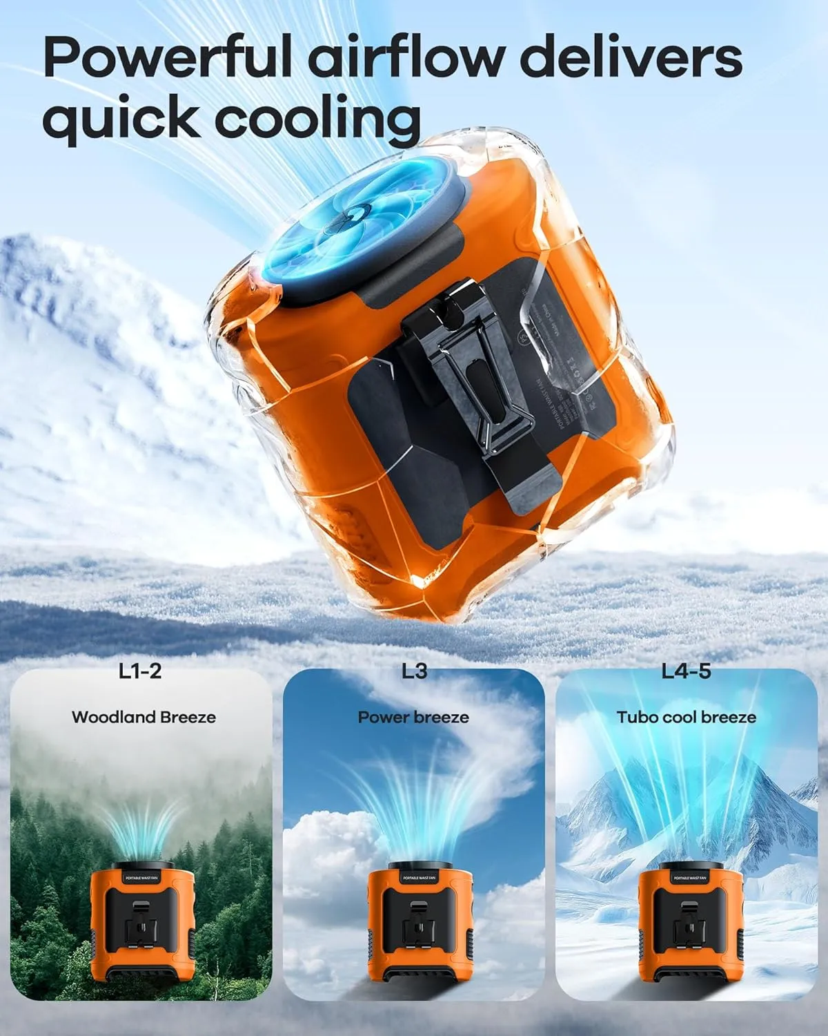 10000mAh Portable Waist Clip on Fan Wearable Belt Personal Cooling Shirt Fan Rechargeable with 5 Speeds Flashlight Neck Fan Hand-Free Last for 40H for Outdoor Camping Office Travel (Orange)