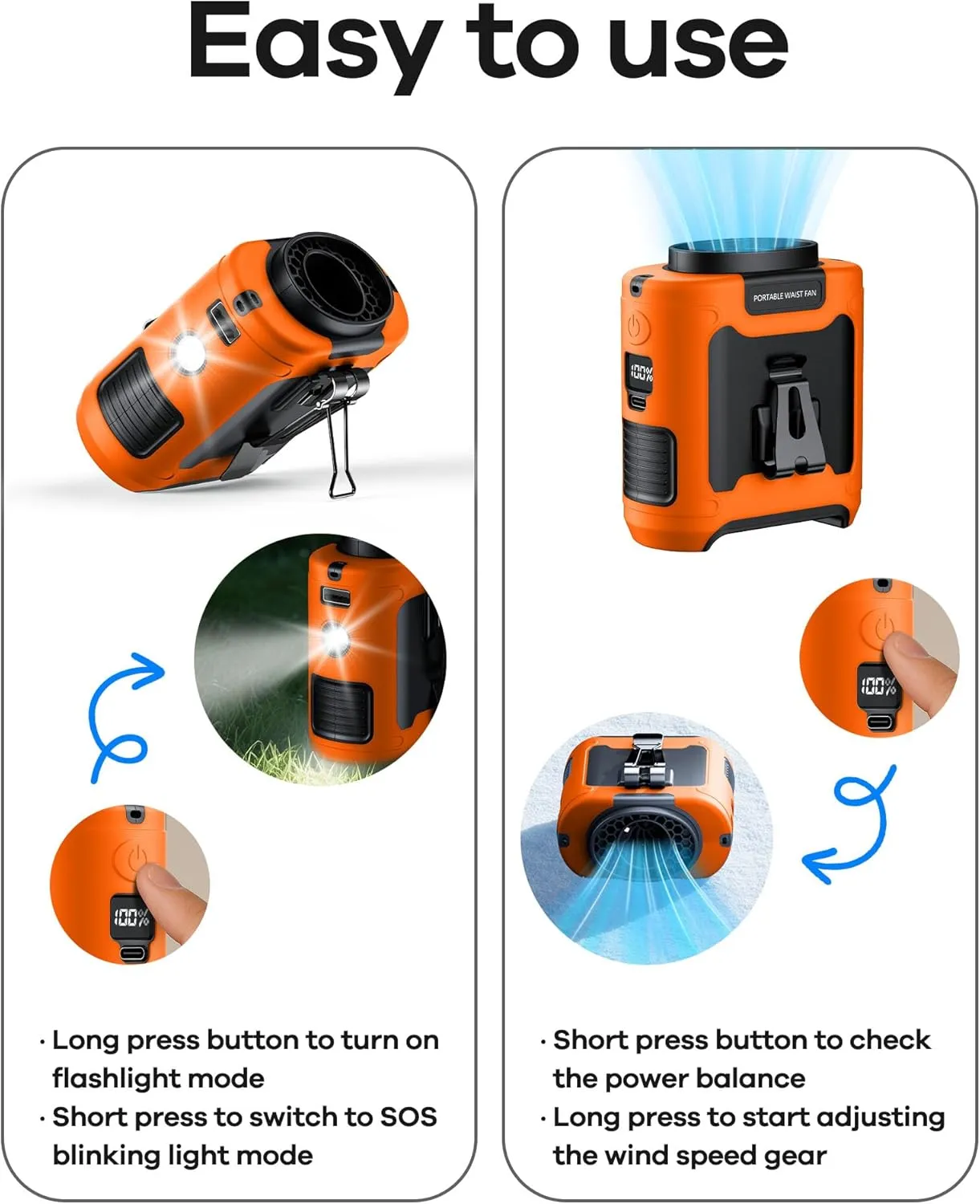 10000mAh Portable Waist Clip on Fan Wearable Belt Personal Cooling Shirt Fan Rechargeable with 5 Speeds Flashlight Neck Fan Hand-Free Last for 40H for Outdoor Camping Office Travel (Orange)