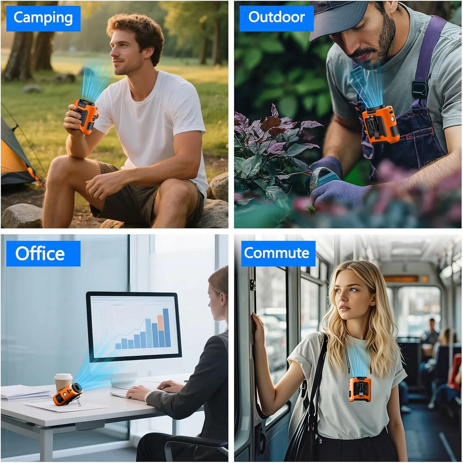 10000mAh Portable Waist Clip on Fan Wearable Belt Personal Cooling Shirt Fan Rechargeable with 5 Speeds Flashlight Neck Fan Hand-Free Last for 40H for Outdoor Camping Office Travel (Orange)