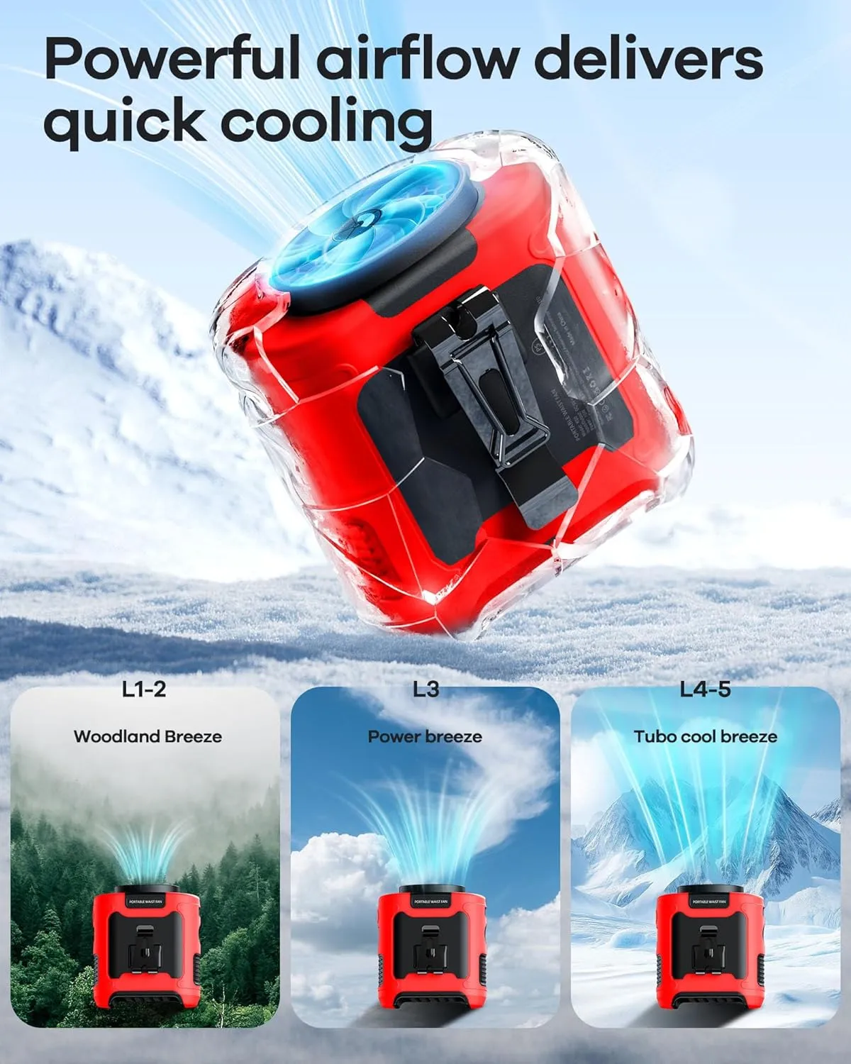 10000mAh Portable Waist Clip on Fan Wearable Belt Personal Cooling Shirt Fan Rechargeable with 5 Speeds Flashlight Neck Fan Hand-Free Last for 40H for Outdoor Camping Office Travel (Red)