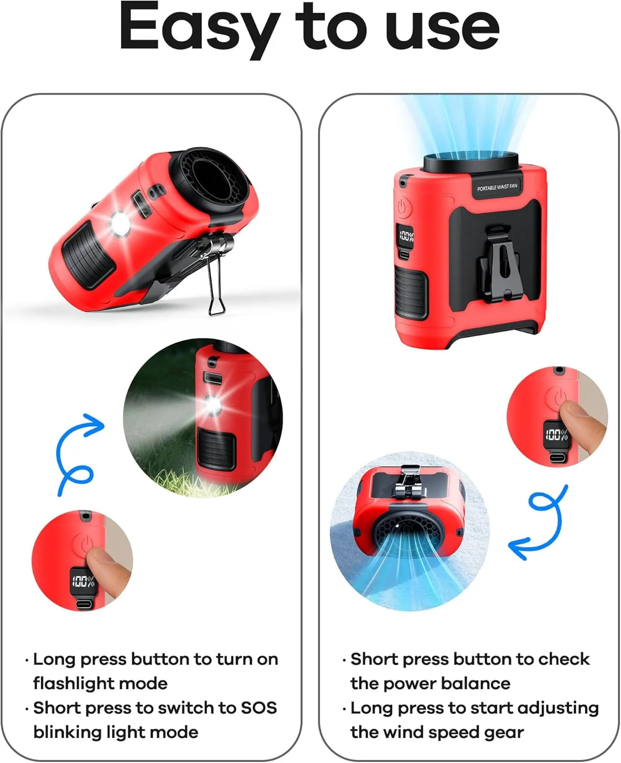10000mAh Portable Waist Clip on Fan Wearable Belt Personal Cooling Shirt Fan Rechargeable with 5 Speeds Flashlight Neck Fan Hand-Free Last for 40H for Outdoor Camping Office Travel (Red)