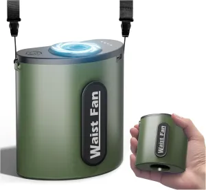 10000mAh Portable Waist Fan, 18000RPM 4 Speeds Powerful Airflow, Mini Shirt Fan Clip on Rechargeable Up to 24H Cooling Hands-Free, Hanging Neck Wearable Belt Fans for Outdoor Jobsite, Green Waist-mounted portable fan for outdoor use