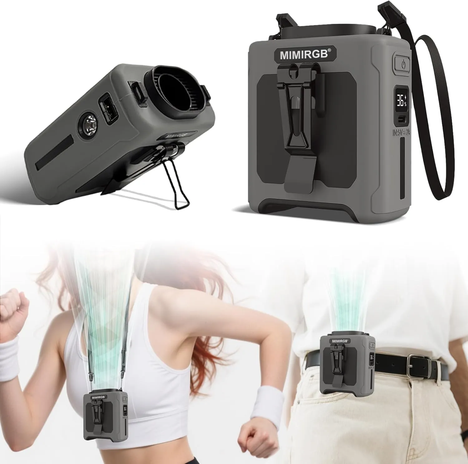 10000mAh Portable Waist Fan Clip On, Personal Shirt Belt Fan Rechargeable With 5 Speeds & Flashlight, Hands-Free Body Neck Wearable For Camping Travel Outdoor Jobsite (Gray) Waist-mounted portable fan for outdoor use
