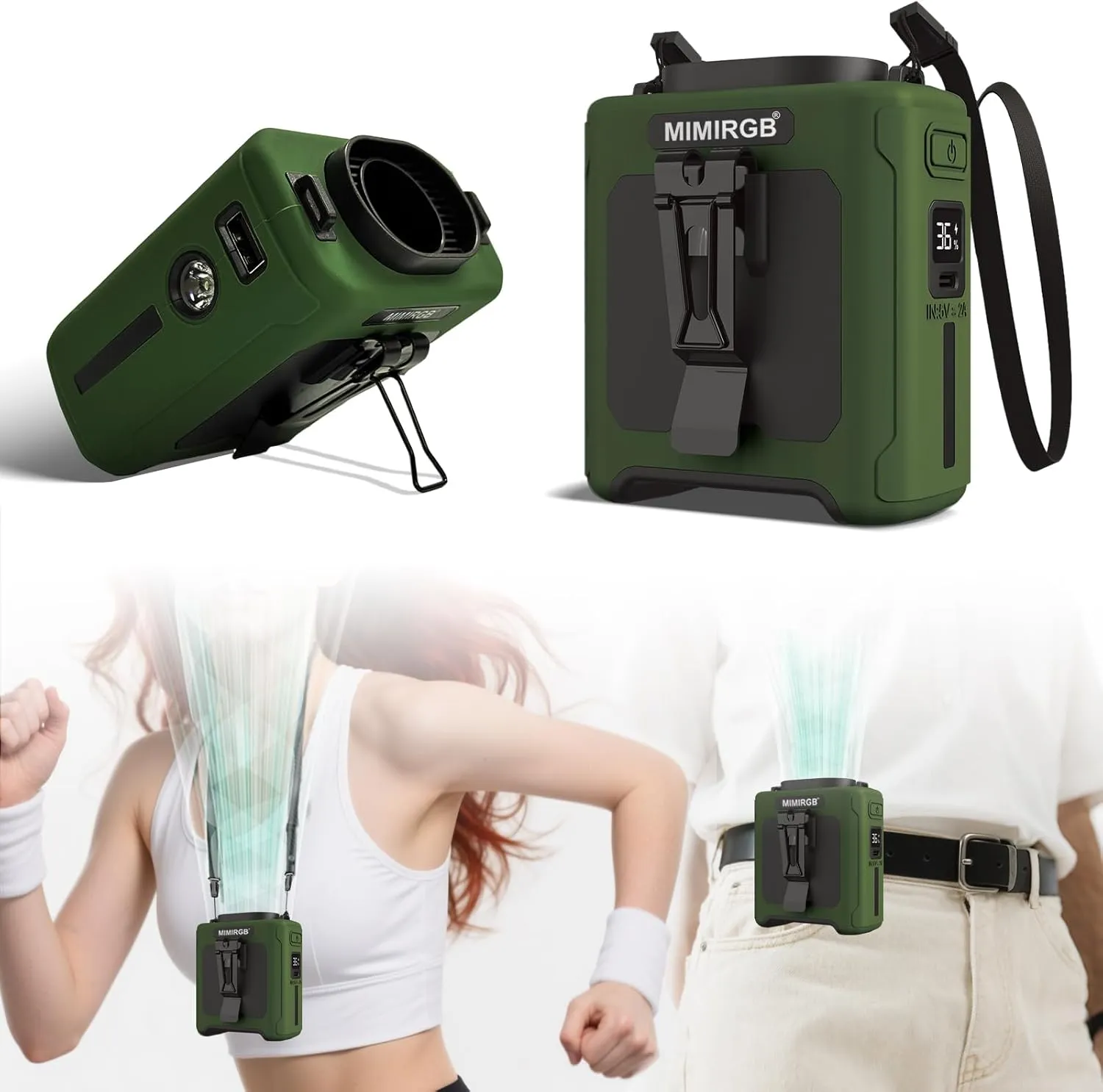 10000mAh Portable Waist Fan Clip On, Personal Shirt Belt Fan Rechargeable With 5 Speeds & Flashlight, Hands-Free Body Neck Wearable For Camping Travel Outdoor Jobsite (Green) Waist-mounted portable fan for outdoor use