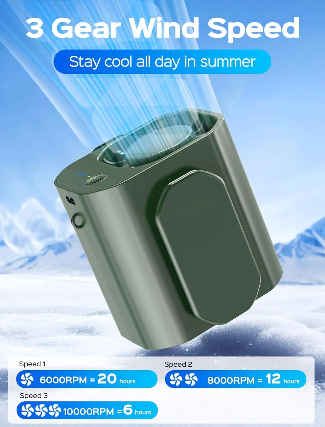 10000PRM Portable Waist Clip Fan, Up to 20Hrs Mini Personal Fan Rechargeable, Belt Clip on Waist Portable Cooling Fans for Camping, Outdoor, Jobsite - Green