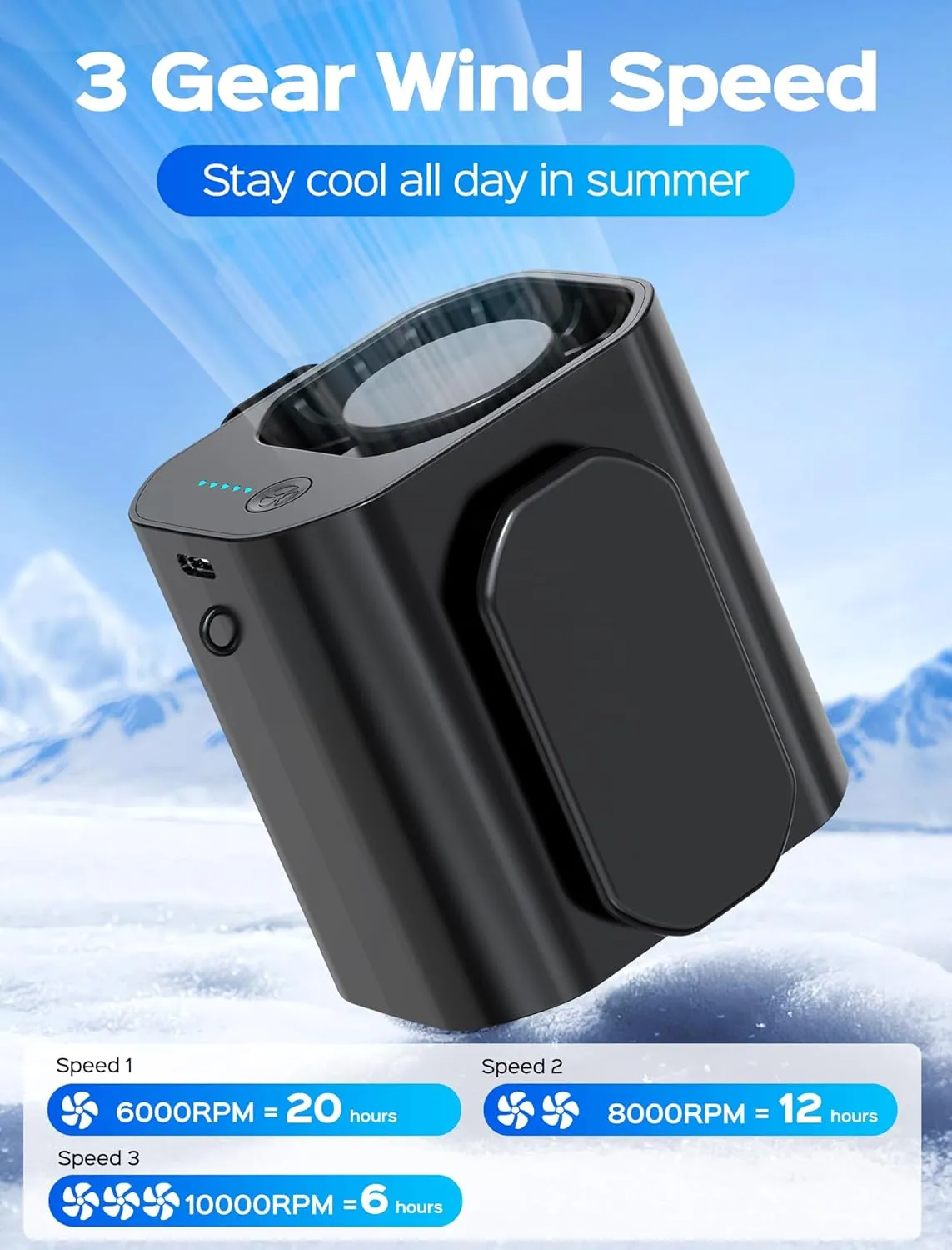 10000PRM Portable Waist Clip Fan, Up to 20Hrs Mini Portable Fan Rechargeable, Belt Clip on Waist Wearable Cooling Fans for Camping, Outdoor, Jobsite - Black