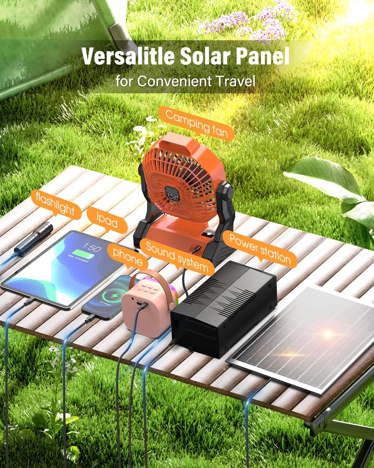 10400mAh Solar Fan, Camping Fan with Solar Panel, 7W 9-Inch Rechargeable Battery Operated Fans for Outside, LED Lantern, Stepless Speed and Quiet Battery Powered Solar Tent Fans for Outdoor, Barbecue