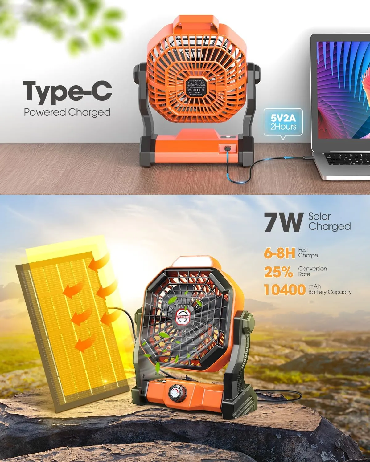 10400mAh Solar Fan, Camping Fan with Solar Panel, 7W 9-Inch Rechargeable Battery Operated Fans for Outside, LED Lantern, Stepless Speed and Quiet Battery Powered Solar Tent Fans for Outdoor, Barbecue