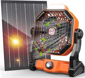 10400mAh Solar Fan, Camping Fan with Solar Panel, 7W 9-Inch Rechargeable Battery Operated Fans for Outside, LED Lantern, Stepless Speed and Quiet Battery Powered Solar Tent Fans for Outdoor, Barbecue Solar-powered car fan for ventilation