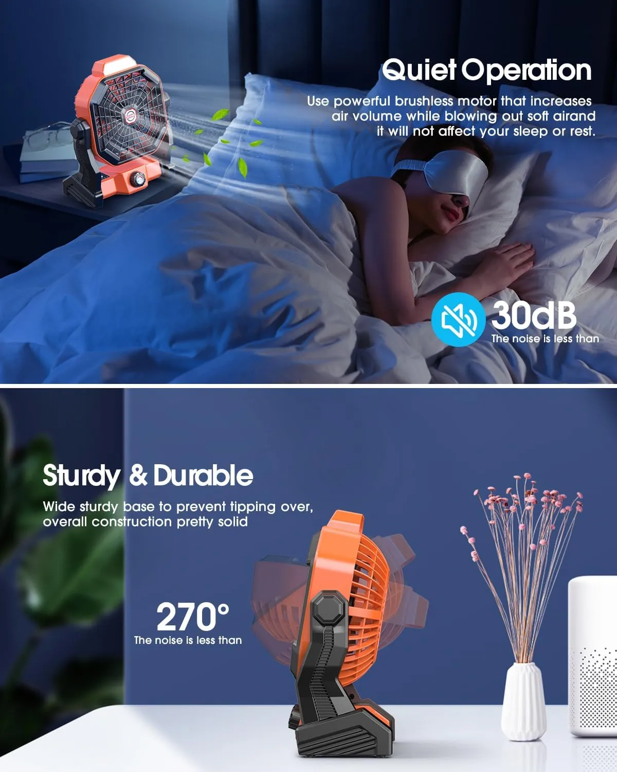 10400mAh Solar Fan, Camping Fan with Solar Panel, 7W 9-Inch Rechargeable Battery Operated Fans for Outside, LED Lantern, Stepless Speed and Quiet Battery Powered Solar Tent Fans for Outdoor, Barbecue