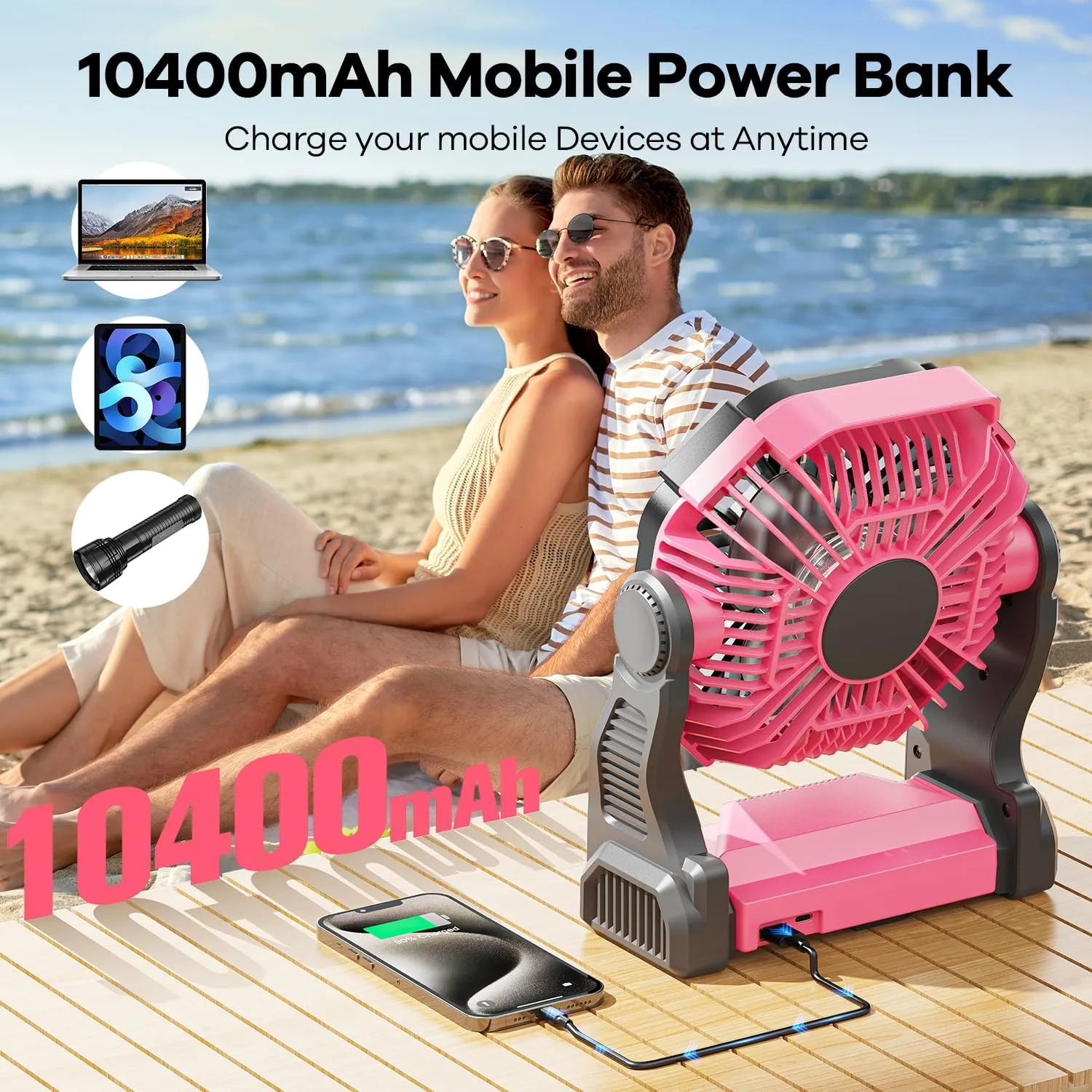 10400mAh Solar Fan with LED Lantern, 10W Solar Panel Rechargeable Battery Powered Camping Fan for Outside, 9 Inch Portable Battery Operated Hurricane Supplies for Picnic, Barbecue, Fishing, Travel