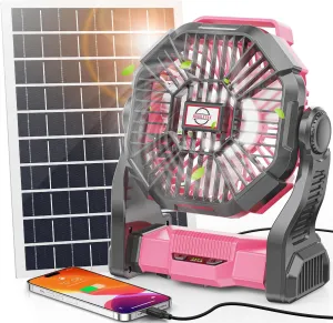 10400mAh Solar Fan with LED Lantern, 10W Solar Panel Rechargeable Battery Powered Camping Fan for Outside, 9 Inch Portable Battery Operated Hurricane Supplies for Picnic, Barbecue, Fishing, Travel Solar-powered car fan for ventilation