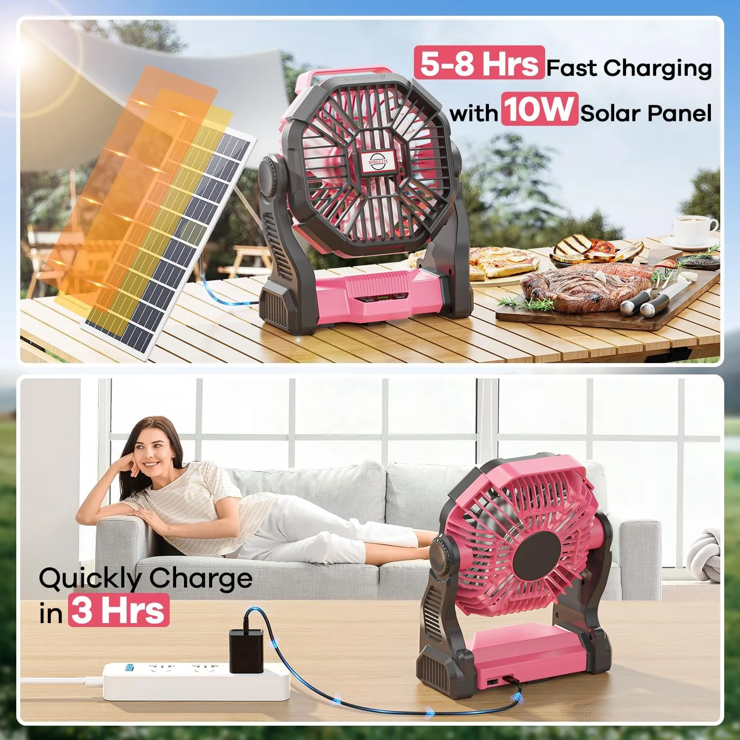 10400mAh Solar Fan with LED Lantern, 10W Solar Panel Rechargeable Battery Powered Camping Fan for Outside, 9 Inch Portable Battery Operated Hurricane Supplies for Picnic, Barbecue, Fishing, Travel