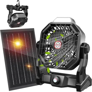 10400mAh Solar Fan with LED Lantern, Camping Fan with Solar Panel, 7W Rechargeable Solar Powered Fan for Outside, Quiet Battery Operated Tent Fan for Picnic, Barbecue, Fishing, Travel 2-in-1 camping light and fan combo