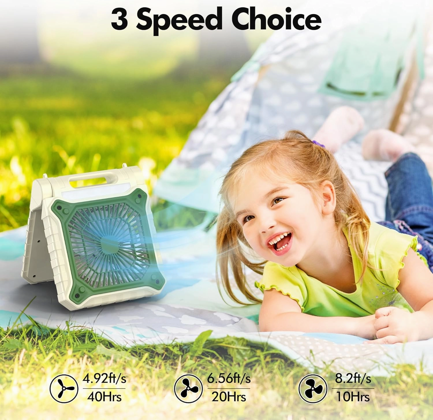 10 inch Solar Fan for Camping - Portable Rechargeable Fan with Adjustable Solar Panel, 3 Powerful Speed & Timer, Battery Operated with LED Light for Outdoor Travel Tent RV Hurricane