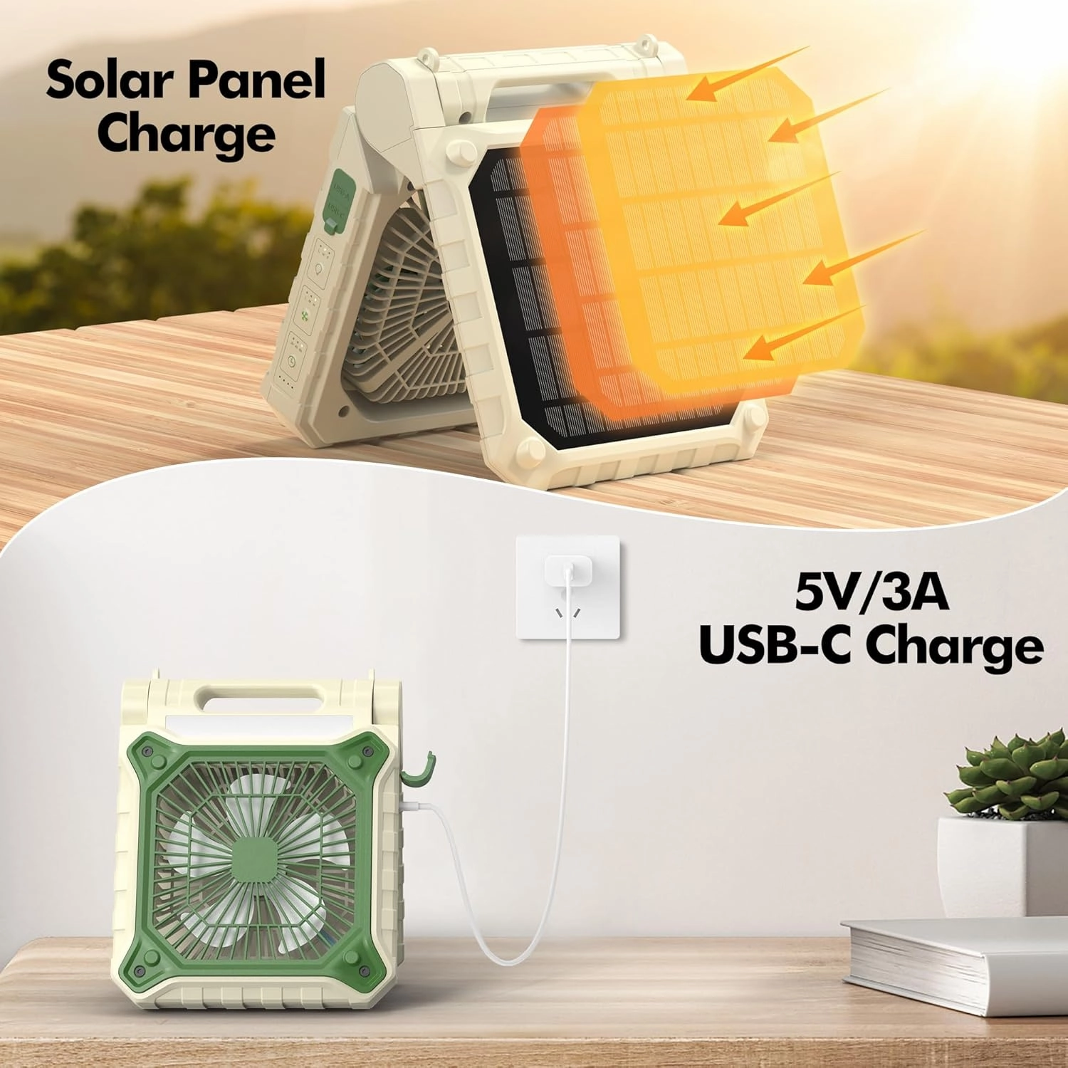 10 inch Solar Fan for Camping - Portable Rechargeable Fan with Adjustable Solar Panel, 3 Powerful Speed & Timer, Battery Operated with LED Light for Outdoor Travel Tent RV Hurricane