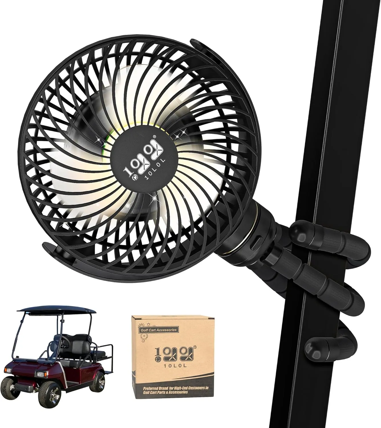 10L0L Golf Cart Fan - Universal Mount, 8000mAh Battery, 3-Speed Fan, LED Light, 56-Hour Runtime, Reverse Charging Function for Yamaha EZGO Club Car Golf Cart, Black Octopus-shaped decorative fan
