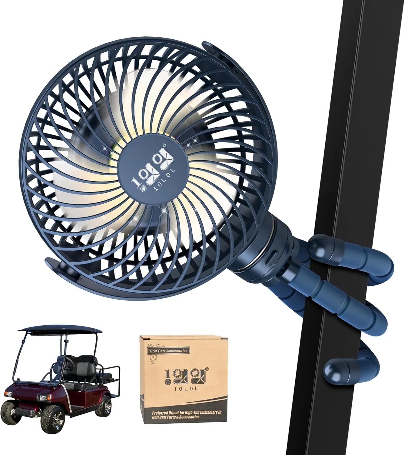 10L0L Golf Cart Fan - Universal Mount, 8000mAh Battery, 3-Speed Fan, LED Light, 56-Hour Runtime, Reverse Charging Function for Yamaha EZGO Club Car Golf Cart, Blue Octopus-shaped decorative fan
