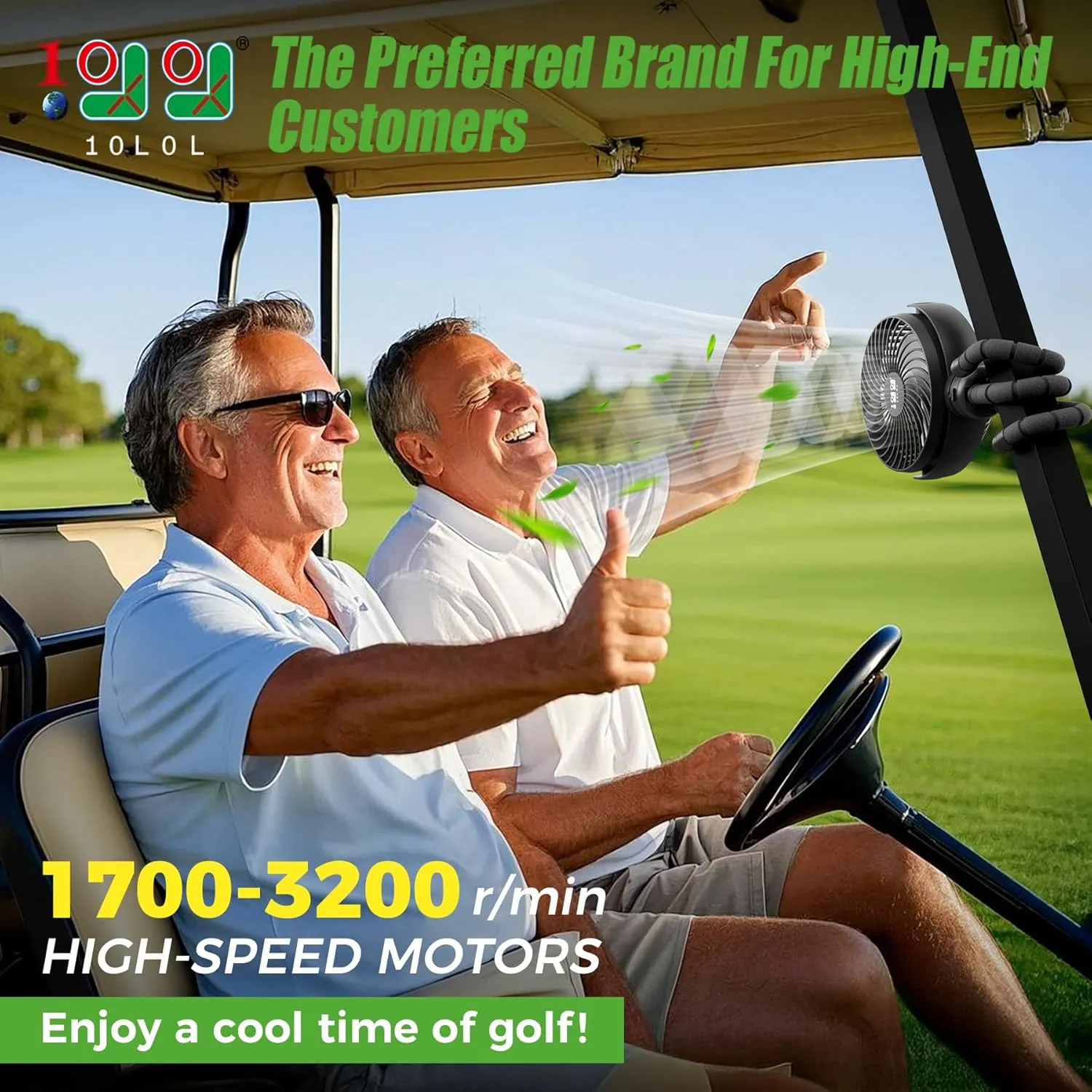10L0L Rechargeable Golf Cart Fans - 60Hrs Runtime Big Battery Operated Portable Fan 360 Rotatable Head, Fits EZGO/Club Car/Yamaha Golf Cart with LED Light