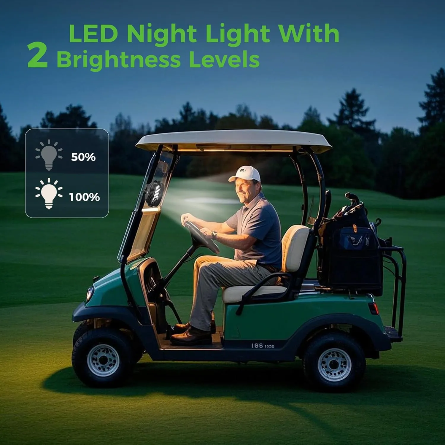 10L0L Rechargeable Golf Cart Fans - 60Hrs Runtime Big Battery Operated Portable Fan 360 Rotatable Head, Fits EZGO/Club Car/Yamaha Golf Cart with LED Light