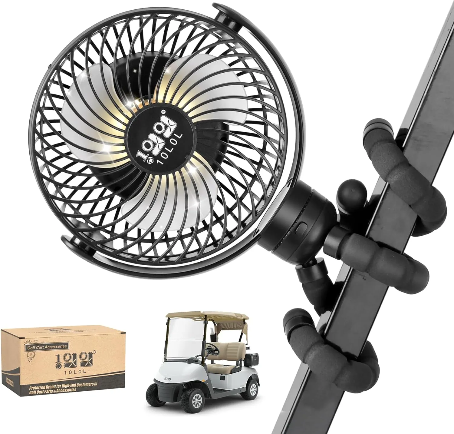 10L0L Rechargeable Golf Cart Fans - 60Hrs Runtime Big Battery Operated Portable Fan 360 Rotatable Head, Fits EZGO/Club Car/Yamaha Golf Cart with LED Light Octopus-shaped decorative fan