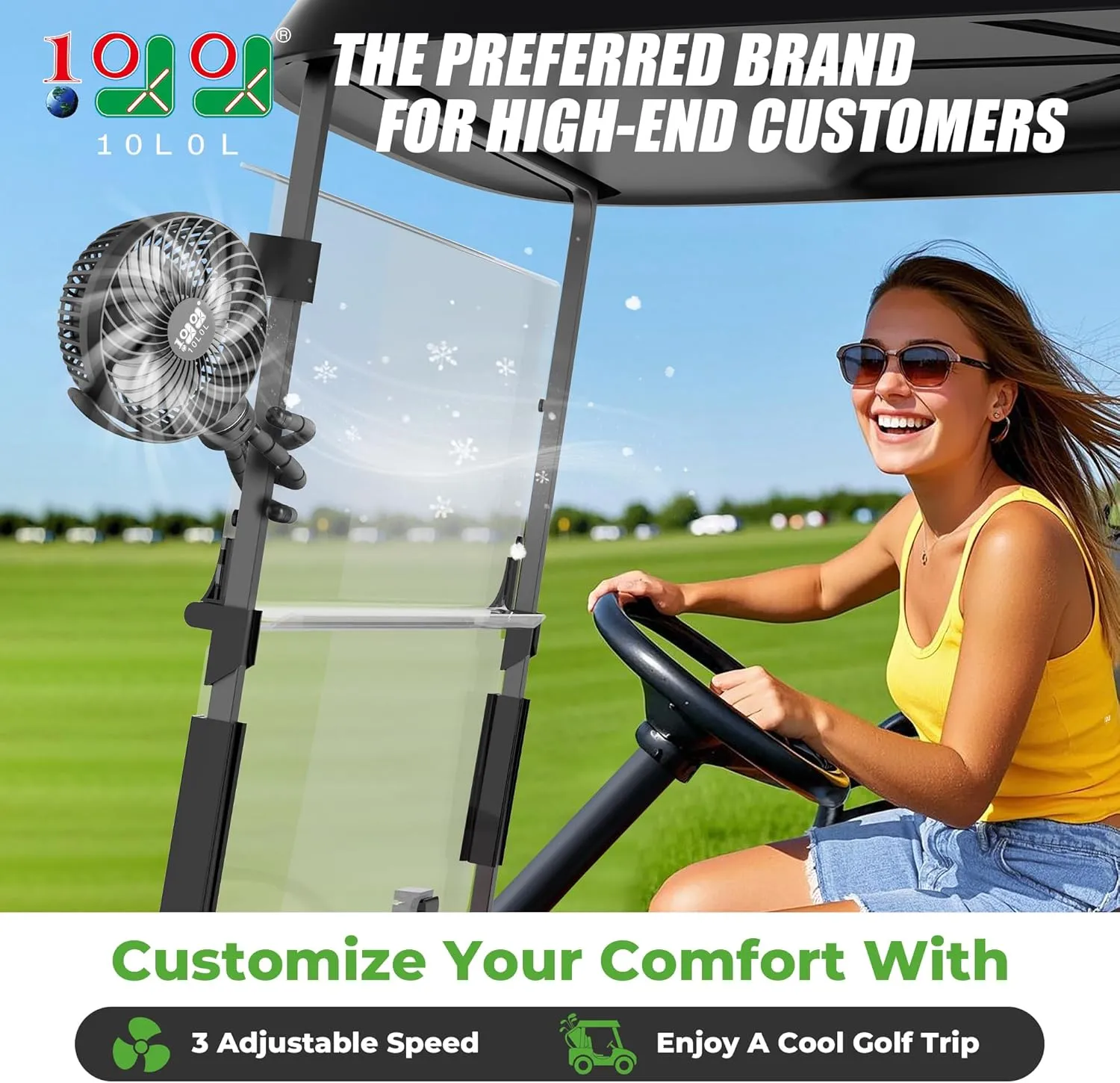 10L0L Universal Golf Cart Fan Fits Yamaha/EZGO/Club Car, Octopus Shape 360Degree Rotational Fan, 3 Speed Adjustment, Support for Reverse Charging and Emergency Lighting-Black & Blue