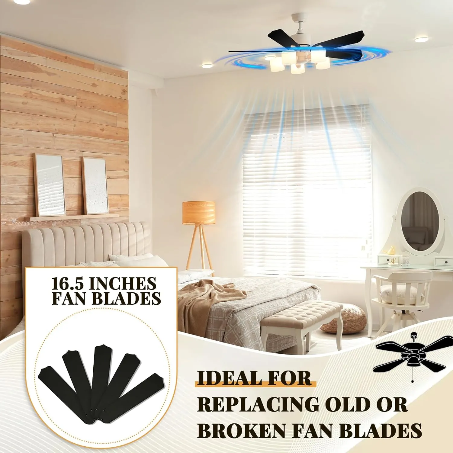 10Pcs Replacement Fan Blades for 42 52 Ceiling Fan Waterproof Weatherproof Fan Blades Replacement for Broken Substitution Replacing Indoor Outdoor Summer(Black,42 Inch)