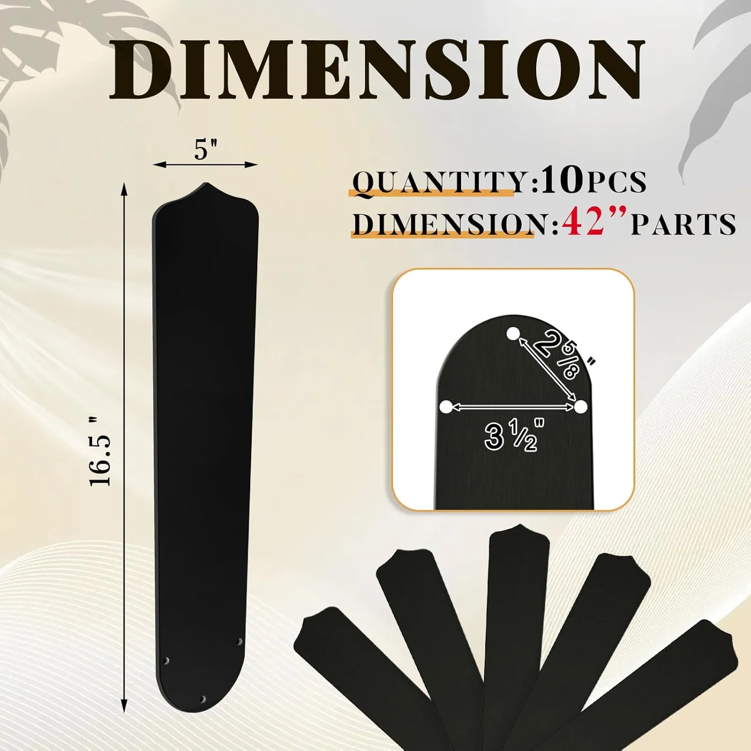 10Pcs Replacement Fan Blades for 42 52 Ceiling Fan Waterproof Weatherproof Fan Blades Replacement for Broken Substitution Replacing Indoor Outdoor Summer(Black,42 Inch)