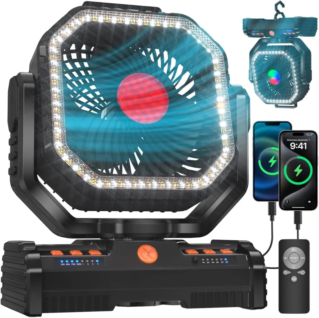 12 Inch Camping Fan,40000mAh Portable Fan with LED Lantern Light,Cool white & Warm White Dimmable Fans, Oscillating Fan with 360 Rotation Hanging Hook for Tents, Cordless USB Desk Fan(Black) 360-degree rotating fan for home use