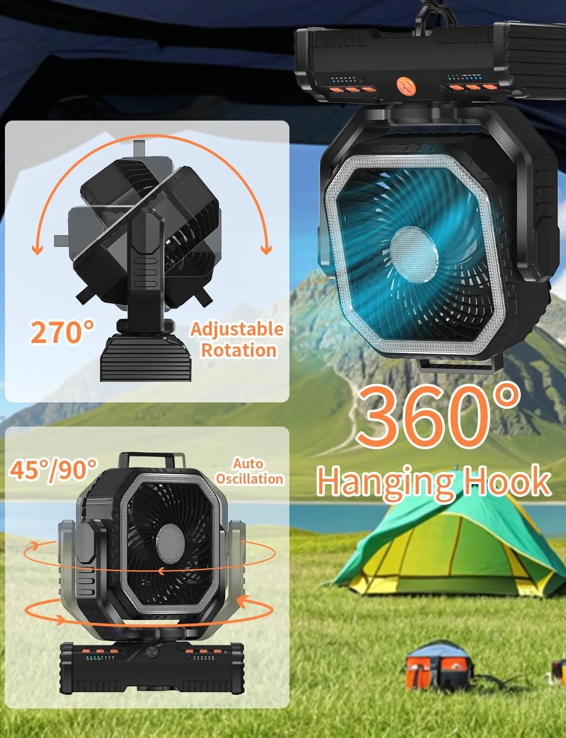 12 Inch Camping Fan,40000mAh Portable Fan with LED Lantern Light,Cool white & Warm White Dimmable Fans, Oscillating Fan with 360 Rotation Hanging Hook for Tents, Cordless USB Desk Fan(Black)