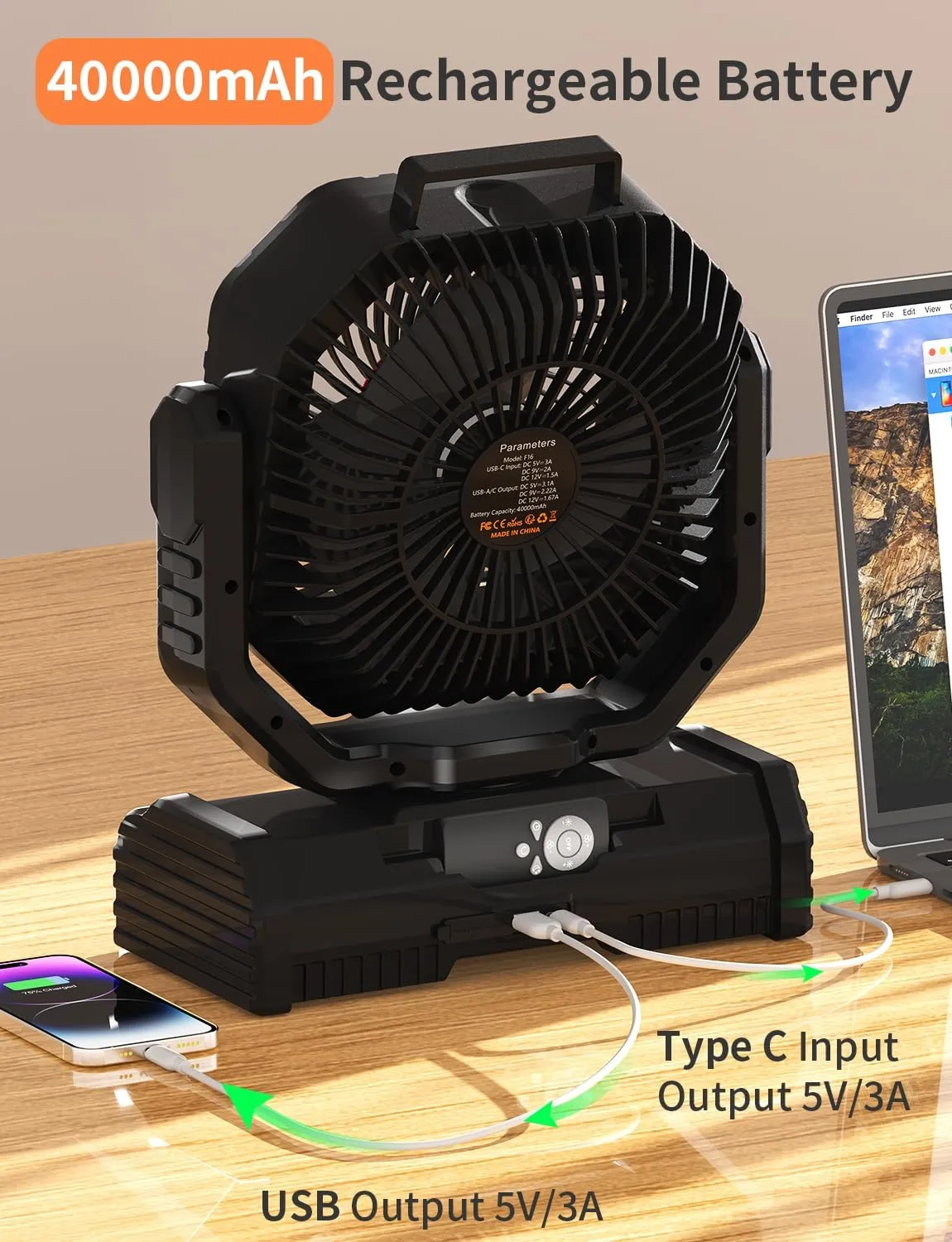 12 Inch Camping Fan,40000mAh Portable Fan with LED Lantern Light,Cool white & Warm White Dimmable Fans, Oscillating Fan with 360 Rotation Hanging Hook for Tents, Cordless USB Desk Fan(Black)