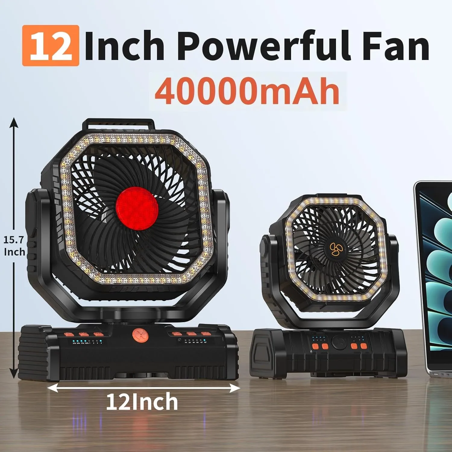 12 Inch Camping Fan,40000mAh Portable Fan with LED Lantern Light,Cool white & Warm White Dimmable Fans, Oscillating Fan with 360 Rotation Hanging Hook for Tents, Cordless USB Desk Fan(Black)