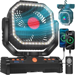 12 Inch Camping Fan,40000mAh Portable Fan with LED Lantern Light,Cool white & Warm White Dimmable Fans, Oscillating Fan with 360 Rotation Hanging Hook for Tents, Cordless USB Desk Fan(Black) 360-degree rotating fan for home use