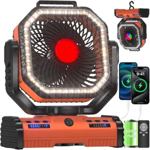 12 Inch Portable Camping Fan, 40000mAh Rechargeable Battery Powered Fan with 4 Speeds Wind and LED Light 140H, Cool & Warm Light and SOS Mode, Auto Oscillating, 360 Rotating Hang Hook(Orange) 360-degree rotating fan for home use
