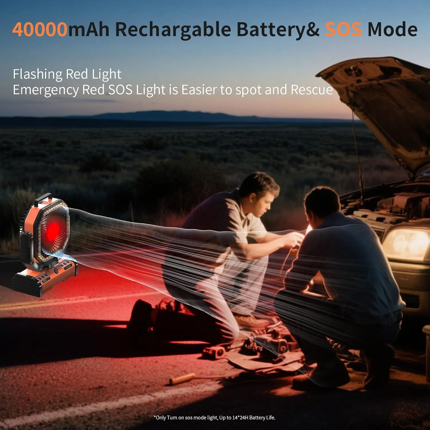 12 Inch Portable Camping Fan, 40000mAh Rechargeable Battery Powered Fan with 4 Speeds Wind and LED Light 140H, Cool & Warm Light and SOS Mode, Auto Oscillating, 360 Rotating Hang Hook(Orange)