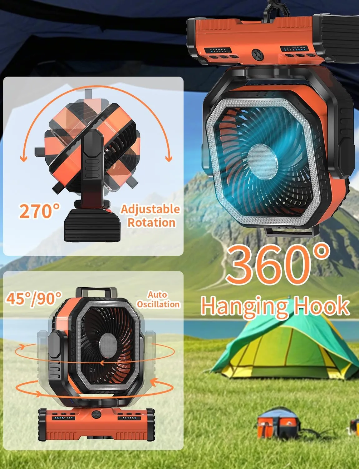 12 Inch Portable Camping Fan, 40000mAh Rechargeable Battery Powered Fan with 4 Speeds Wind and LED Light 140H, Cool & Warm Light and SOS Mode, Auto Oscillating, 360 Rotating Hang Hook(Orange)