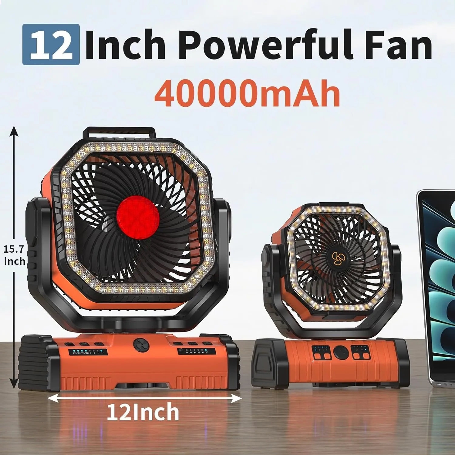 12 Inch Portable Camping Fan, 40000mAh Rechargeable Battery Powered Fan with 4 Speeds Wind and LED Light 140H, Cool & Warm Light and SOS Mode, Auto Oscillating, 360 Rotating Hang Hook(Orange)