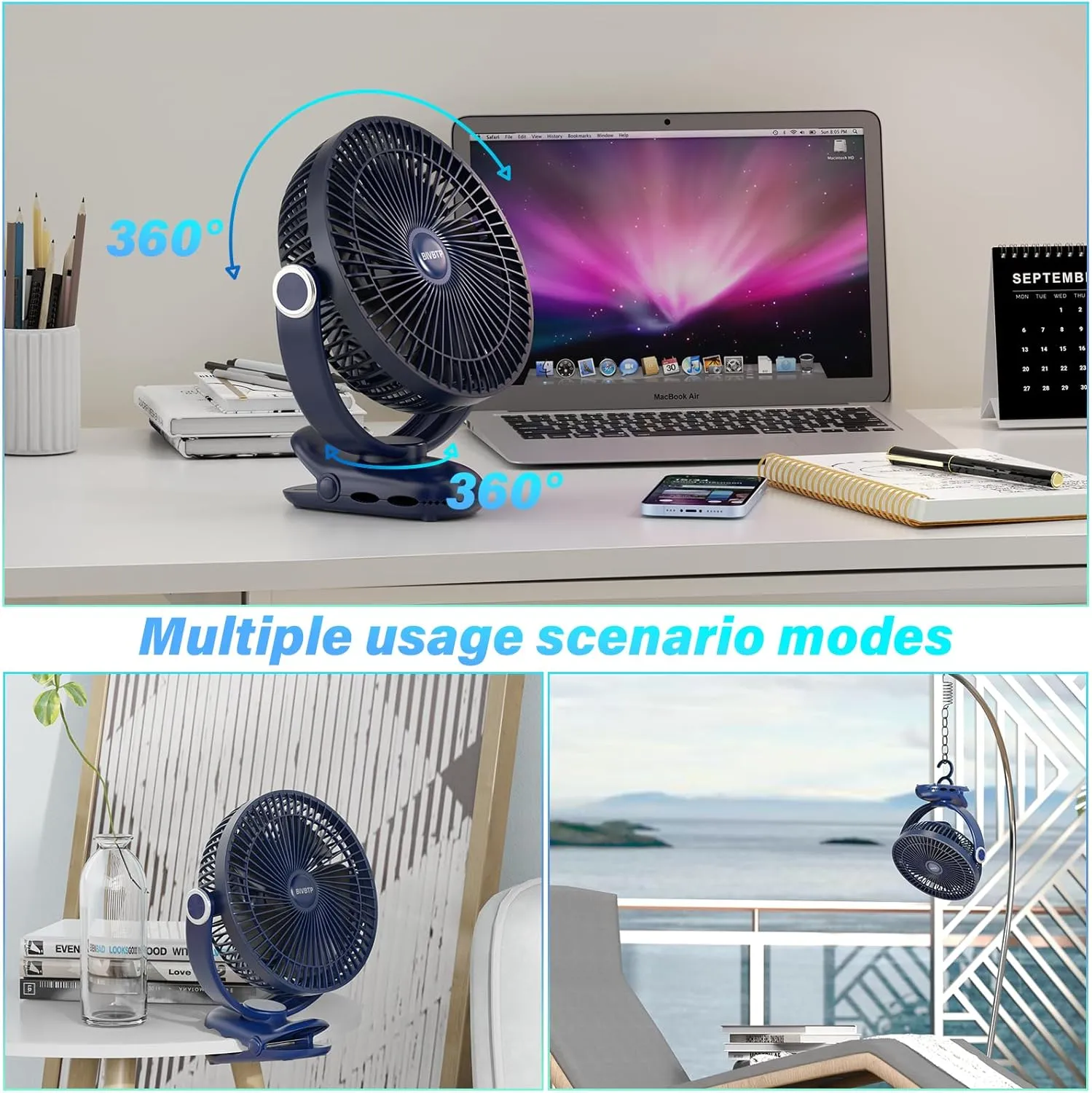 12000mAh Clip on Fan 30H Longest Runtime, 8in Portable Fan Rechargeable, Ultra Quiet with Heavy-Duty Clamp, USB Desk Fans for Golf Cart,Office Desk, Treadmill, Camping, Bedroom
