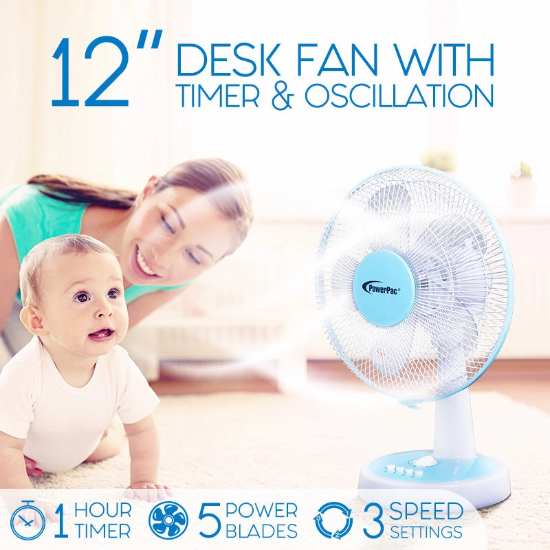 12" Desk Fan  Powerful 5-Blade Design, High-Velocity Airflow, PPTF303