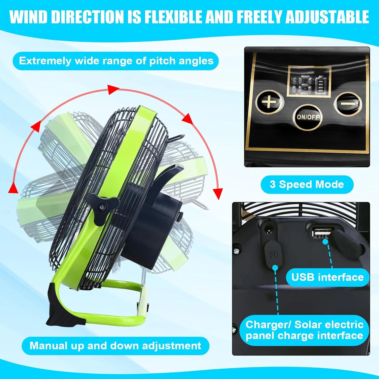 12" Solar Rechargeable Floor Fan, 15000mah 20w Battery Powered Fan with Solar Panel & Ac Adapter Charging, 3-in-1 Camping Ventilador and Light for Outside Home Patio Garage Chicken Coop Greenhouse