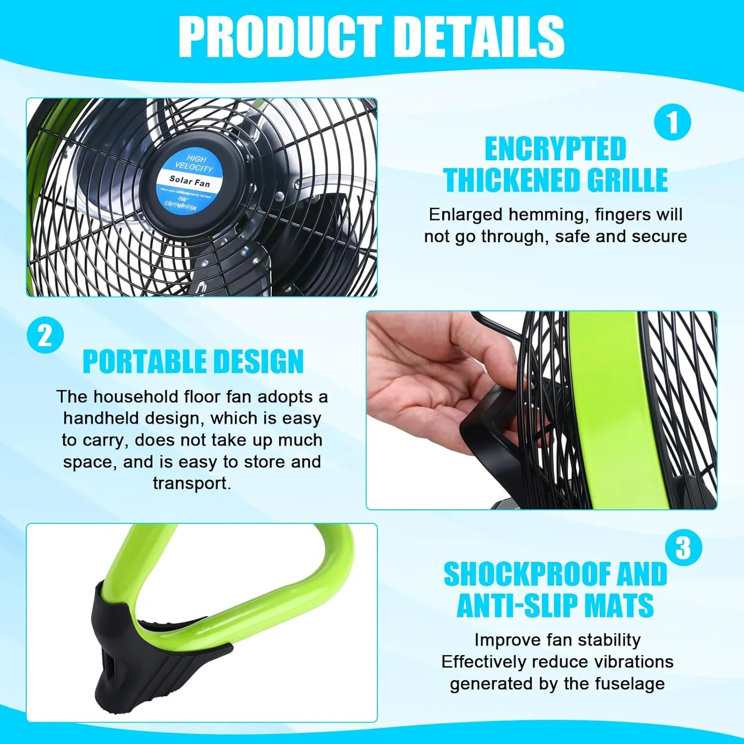 12" Solar Rechargeable Floor Fan, 15000mah 20w Battery Powered Fan with Solar Panel & Ac Adapter Charging, 3-in-1 Camping Ventilador and Light for Outside Home Patio Garage Chicken Coop Greenhouse